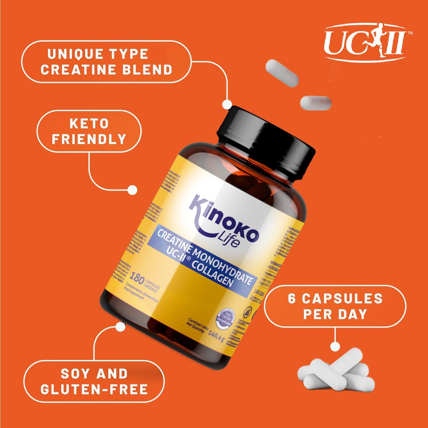 Kinoko Life Creatin Monohydrat Kapseln 3000mg & UCII Kollagen – 180 Kapseln – Kreatin und Creatine Monohydrate für Pre Workout Booster und Gym – Hochdosierte Creatin Kapseln mit Kreatin Pulver 2
