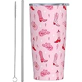 TOUNHEYA Cowgirls Tumbler with Lid and Straw Western Cowboy 20oz Insulated Stainless Steel Cup Pink Travel Coffee Mug Water Bottle for Women Gift for Birthday Christmas
