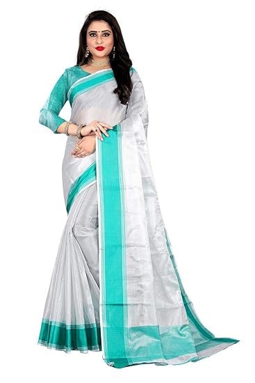 Womens Rama Color Art Silk Silver Striped Saree With Blouse Piece(HUM-TUM-RAMA_Free Size)