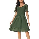 Seta T Women's Summer Chiffon Dresses Smocked V Neck Flutter Short Sleeve Flowy Casual Dress with Pockets