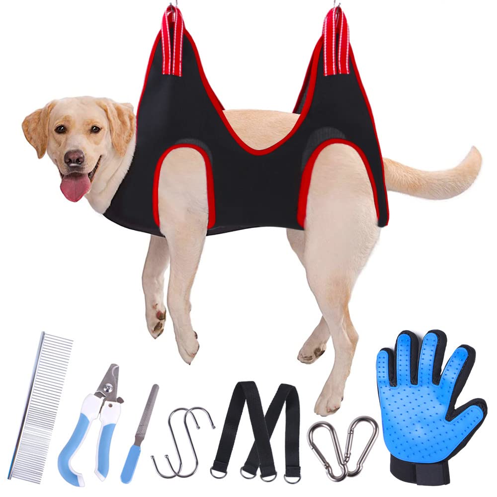 DZOZO Pet Dog Grooming Hammock Kit Pet Grooming Helper Dog Sling Hanging Harness Dog Grooming Hammock Harness Pet Supplies Kit with Nail Clippers Trimmer Pet Comb Dog Hammock Restraint Bag