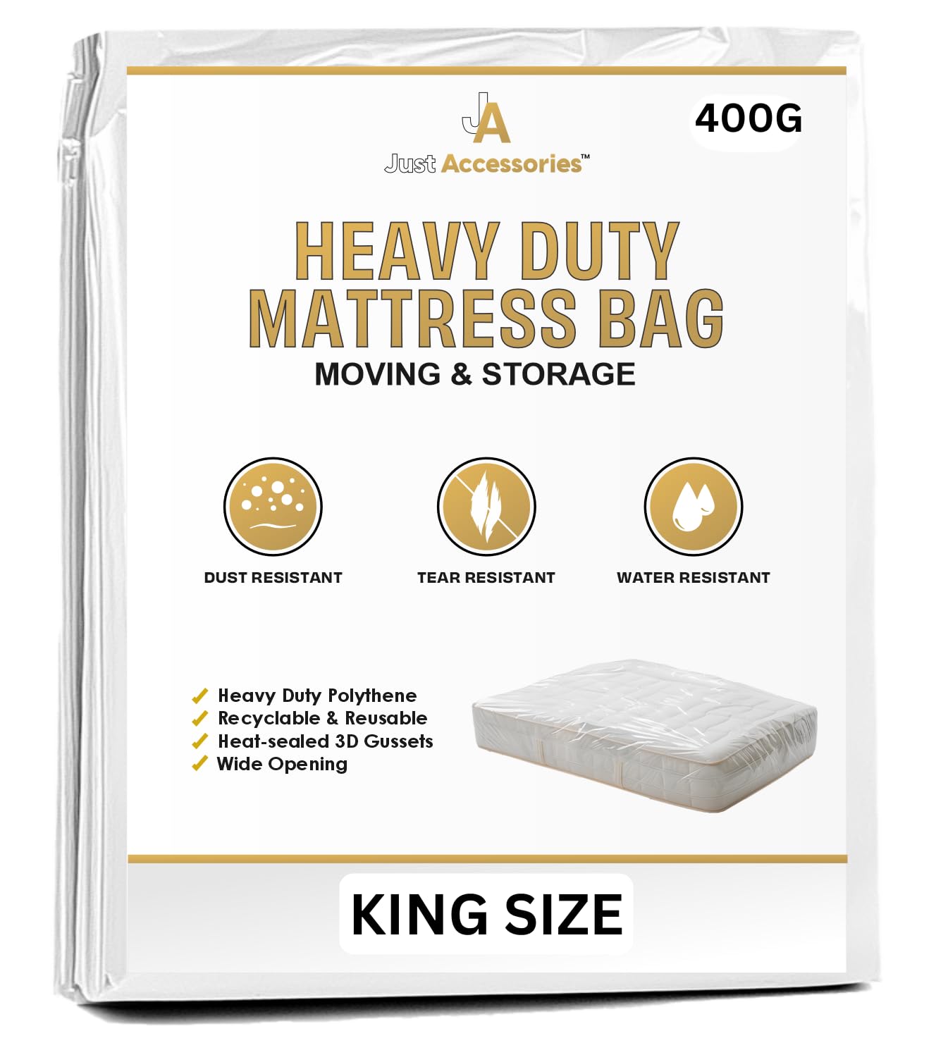 Just Accessories® 5ft Kingsize Heavy Duty Mattress Bags For Storage Moving Removal Mattress Polythene Protector Cover 5’0’’ x 6’6’’ / 150 x 200cm / 59 x 78ins