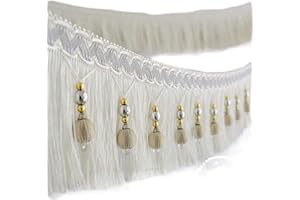 Yalulu 4 Yard x 3.9 Inch Braided Beads Hanging Ball Tassel Fringing Trimmings Fringe Trim Ribbon for Curtain Table Home Accessories DIY Decoration (White)