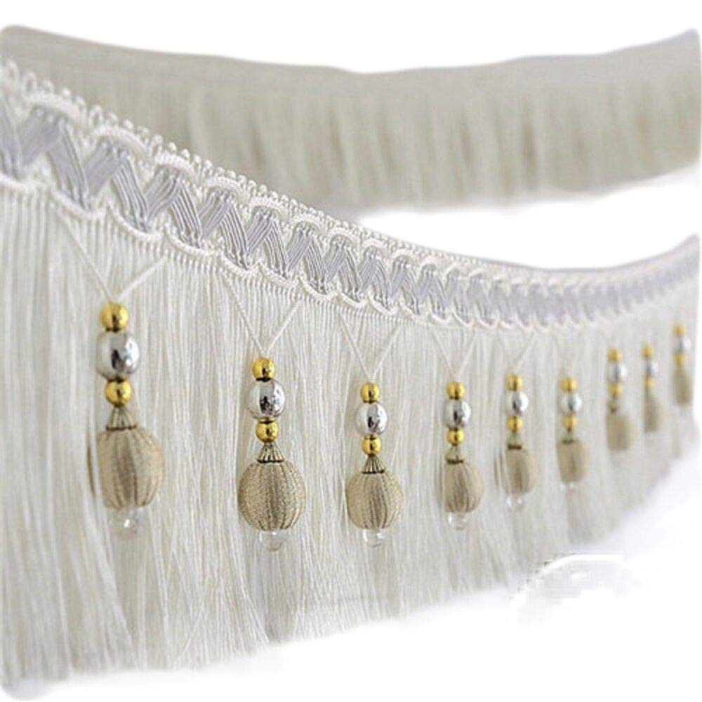 Yalulu 4 Yards European Type Braided Beads Hanging Ball Tassel Fringing Trimmings Fringe Trim Ribbon Band for Curtain Table Home Accessories DIY Decoration (White)