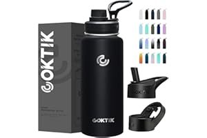 COKTIK 40 oz Sports Water Bottle With Straw,3 Lids, Stainless Steel Vacuum Insulated Water Bottles,Leakproof Lightweight, Keeps Cold and Hot, Great for Travel, Hiking, Biking, Running(Black)