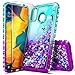 Galaxy A20 Case, Galaxy A30 Case with Tempered Glass Screen Protector, NageBee Glitter Liquid Floating Waterfall Durable Girls Women Cute Case for Samsung Galaxy A30/A20 (6.4 Inch) -Aqua/Purple