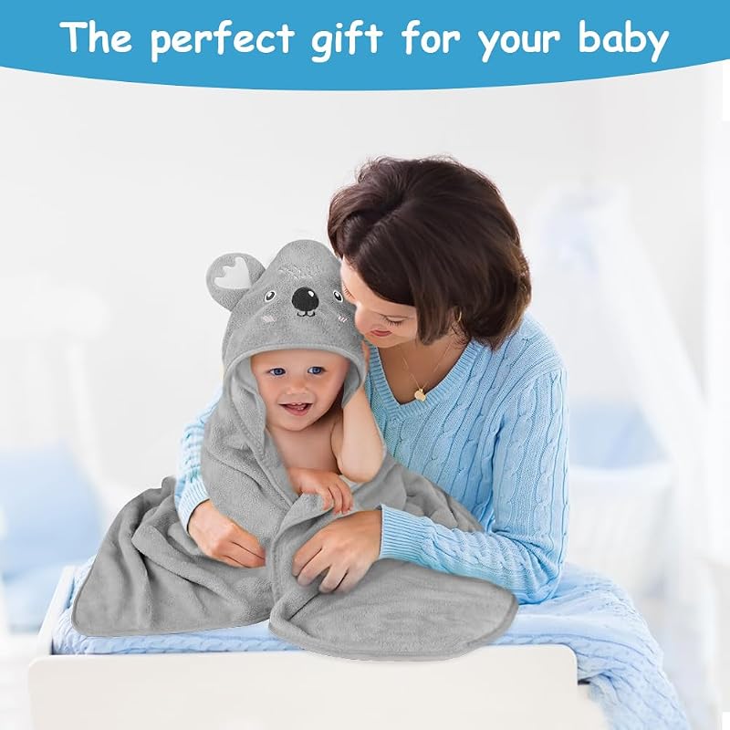 Cape de Bain Bébé à Capuche, Sortie de Bain Bébé Super Absorbante, 80 x 80cm Peluche De Corail De Haute Qualité, Serviettes de Bain pour bébé 0-3 Ans, Idée Cadeau Naissance Bébé(Gris)