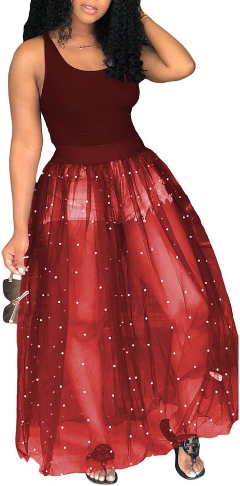 Fadvanes Womens Sleeveless Tank Top with Beadings Mesh See Through Long Maxi Dress Party Clubwear
