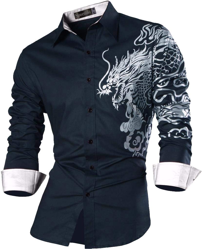 Photo 1 of Sportides Men's Button-Down Shirts Casual Long Sleeve Dress Shirts Print Fashion JZS041_Navy_XL