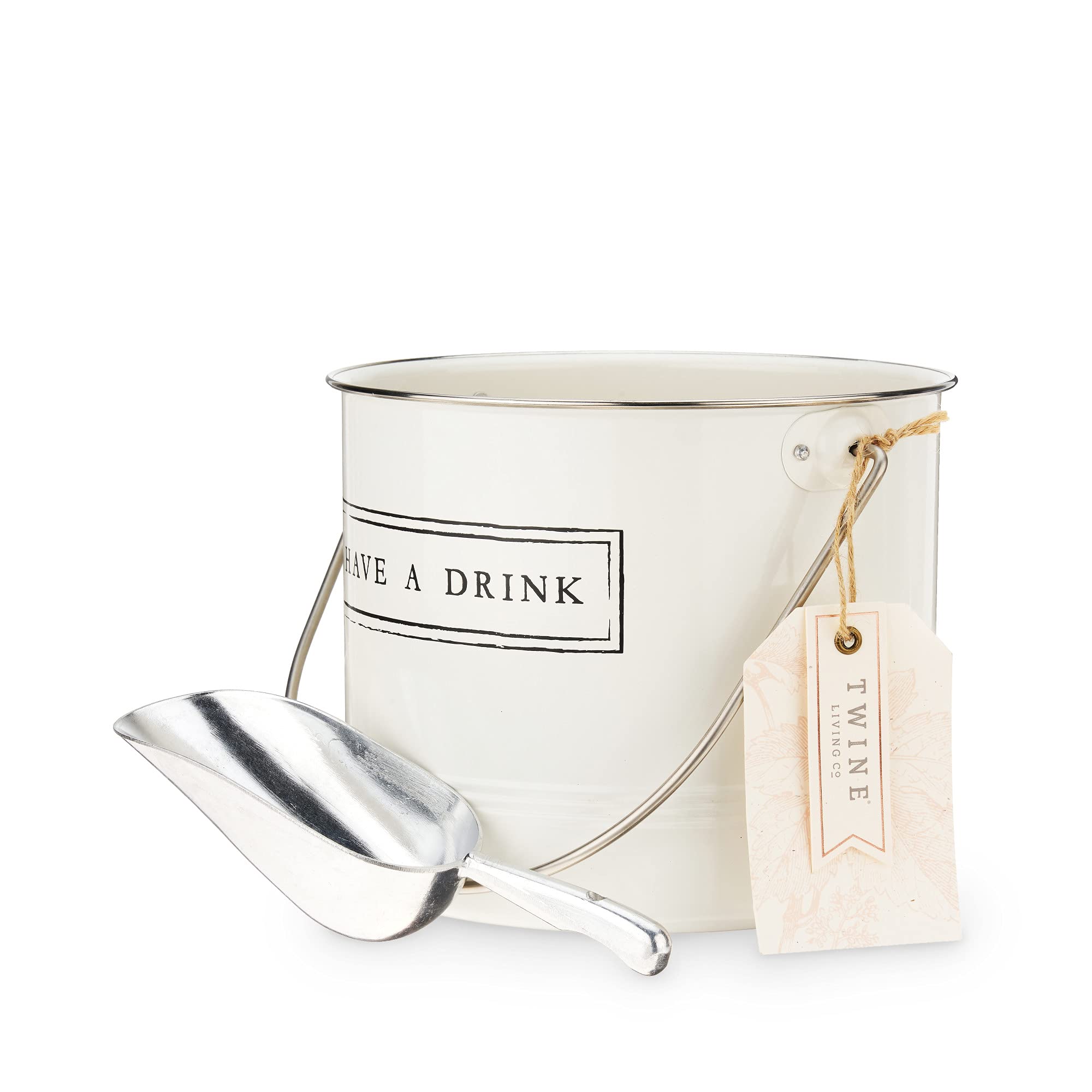 Twine Have A Drink White Enameled Metal Ice Bucket & Scoop for Parties - Wine Bottle And Beer Bottle Bucket in 1 Gallon