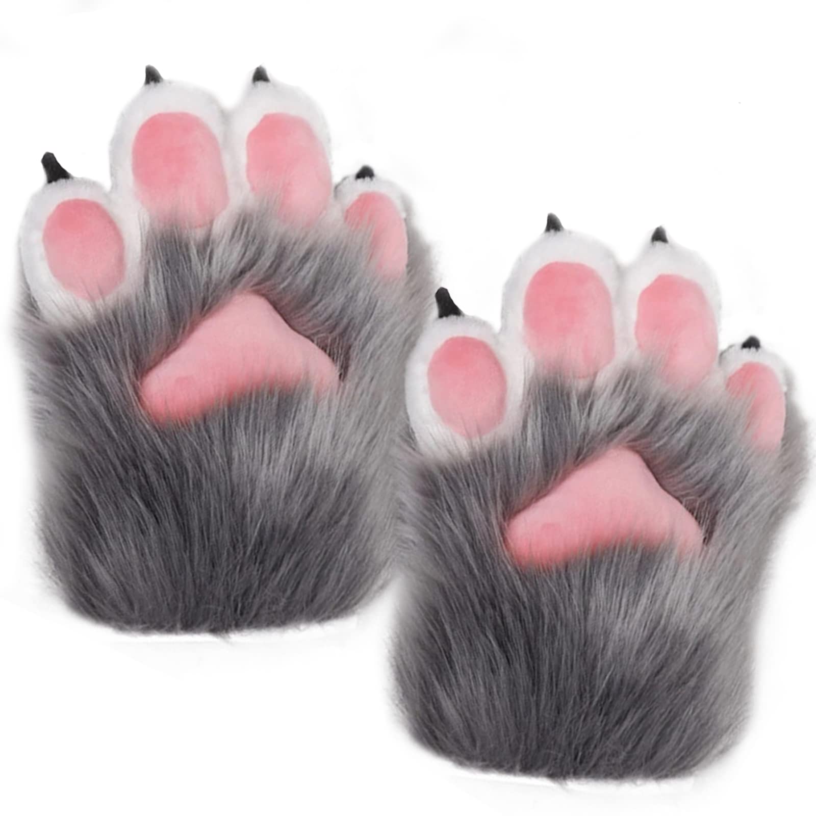 Fxaelian Cute Fluffy Cosplay Animal Cat Wolf Dog Fox Bear Bunny Paws Claws Gloves Mittens Halloween Christmas Cosplay Party Costume Accessories C Grey with Black Pads