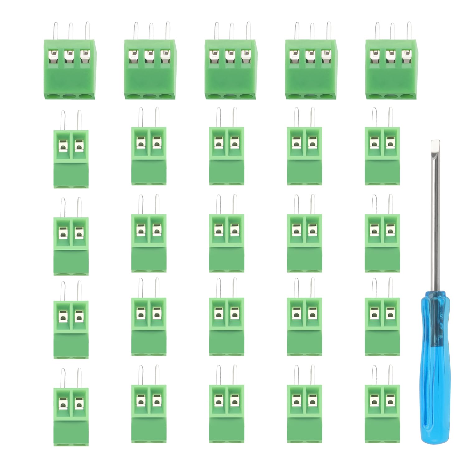 YIXISI 25 PCS PCB Mount Screw Terminal Block, 2.54mm Pitch 2 Pin/3 Pin Screw Terminal Block Connector, for Arduino DIY Project, Green