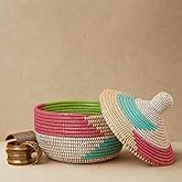 Small Colorful Decorative Basket with Lid, Round Storage Box, Shelf Basket, Entryway Keys Wallet Bin, Boho Decor, Memory Keepsake Box for Photos, Remotes Holder, 12" Wide