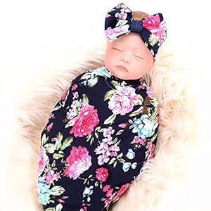 Galabloomer Receiving Blanket Headband Set Flower Print Baby Swaddle Receiving Blankets… (Navy Blue Rose)