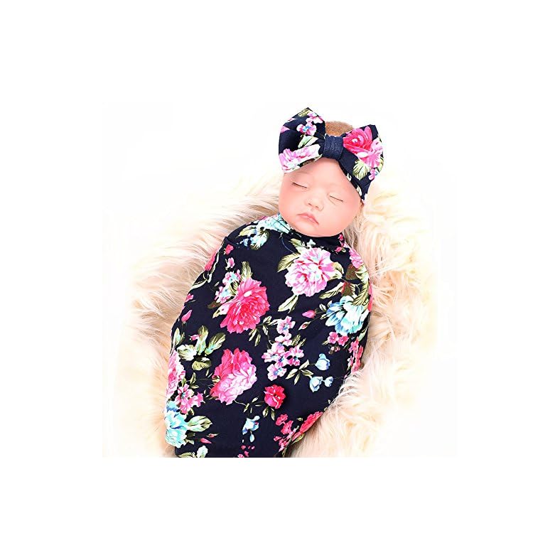 Galabloomer Receiving Blanket Headband Set Flower Print Baby Swaddle Receiving Blankets… (Navy Blue Rose)