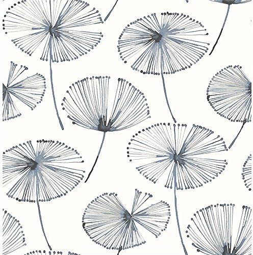 Wallpaper Modern Navy Blue Gray Taupe Large Watercolor Dandelions on Eggshell White