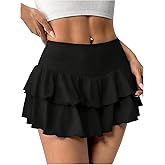 Verdusa Women's Layered Ruffle Skirts Lettuce Trim High Waisted A Line Y2K Mini Skirt Shorts