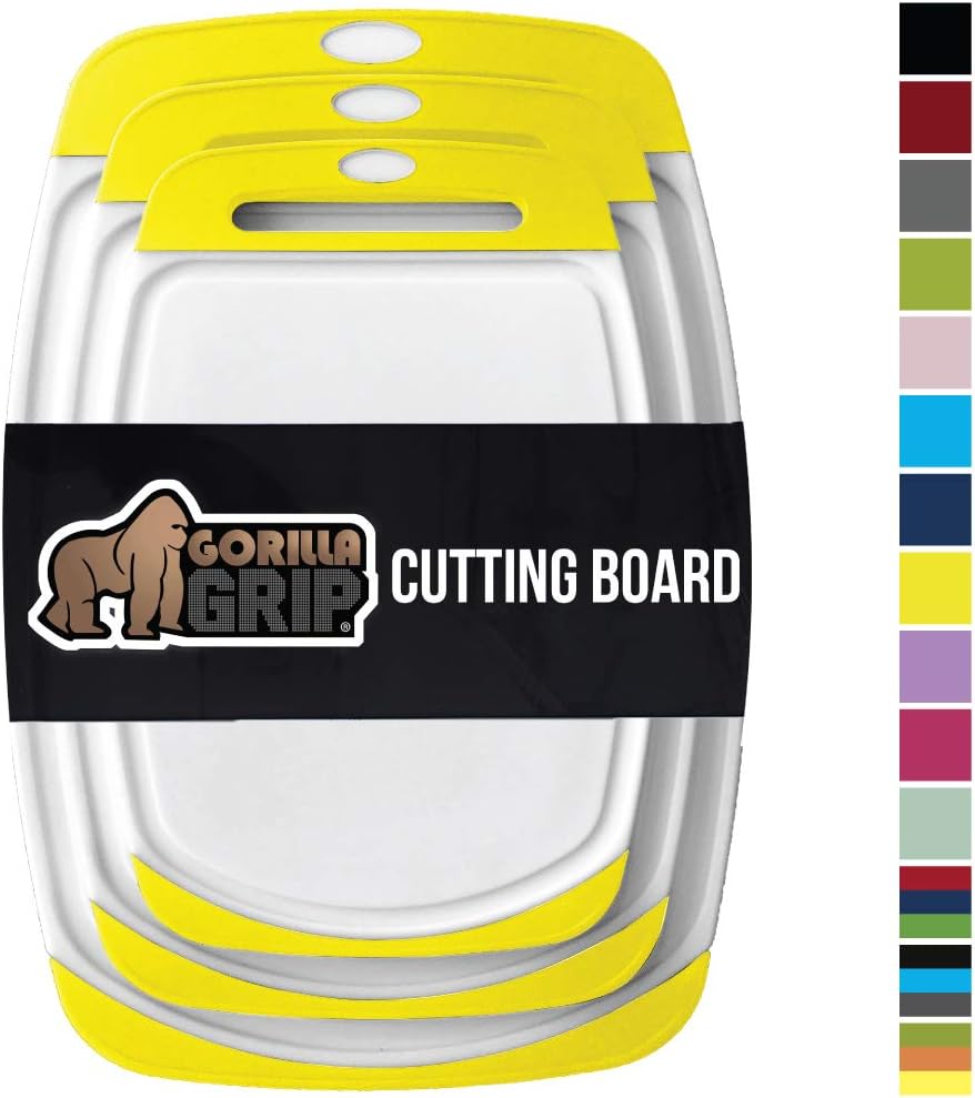 Gorilla Grip Original Reversible Cutting Board, 3 Piece, BPA Free, Juice Grooves, Larger Thicker Boards, Easy Grip Handle, Dishwasher Safe, Non Porous, X Large, Kitchen, Set of 3, Lemon Yellow