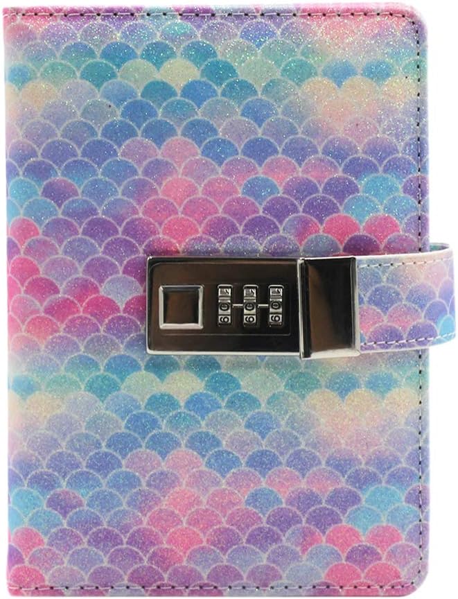 Eilova Creative Mermaid Scale Pattern PU Personal Travel Daily Journal Diary Writing Planner Notebook Classic Notepad Pen Loop with Combination Lock(A6 Ruled, 80Sheets/160Pages)