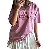 Women's Oversized Pink T-Shirt Letter Graphic Tee Short Sleeve Shirts Summer Casual Loose Beach Tops