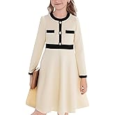 NIUSC Girls Dress Fall Dress Long Sleeve Button Color Block Winter Casual Party Dresses 5-14Y