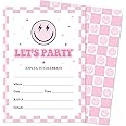 JarThenaAMCS 25 Set Smile Face Party Invitations with Envelopes Retro Light Pink Checkered Happy Face Paper Invites for Birthday Celebration Party Decor, 5 x 7 Inch