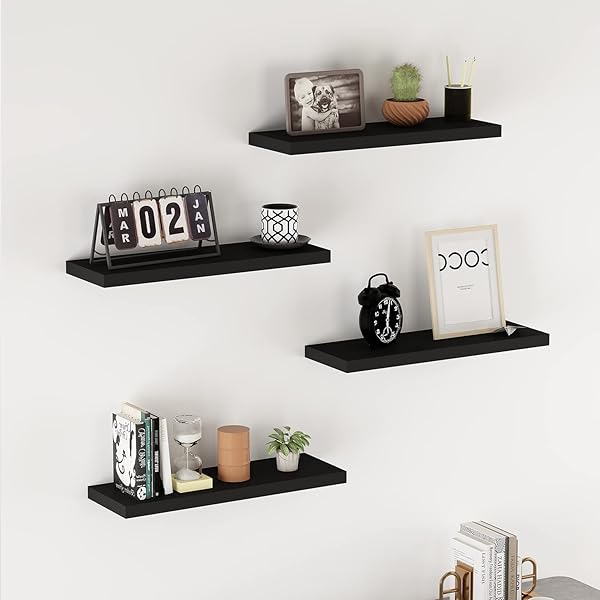 WELLAND SET OF 2 FLOATING SHELVES WALL MOUNTED SHELF, FOR HOME DECOR WITH 8″ DEEP (BLACK, 24 INCH)