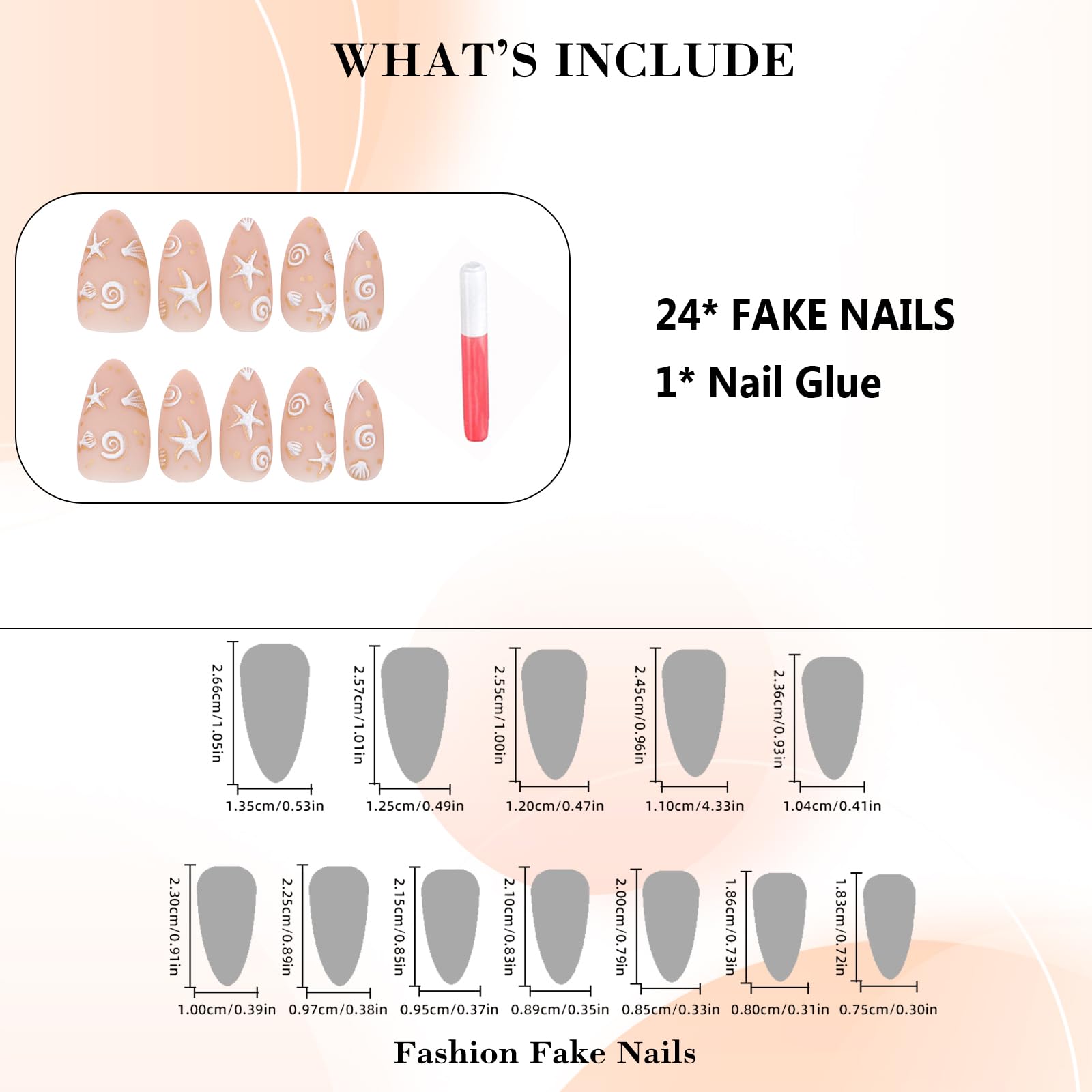 IMRAIN Almond Press on Nails Medium Fake Nails with 3D Sea Star & Shell Designs Full Cover Glue on Nails Matte Nude Artificial False Nails for Women and Girls 24Pcs Cute Stick on Nails - Image 7