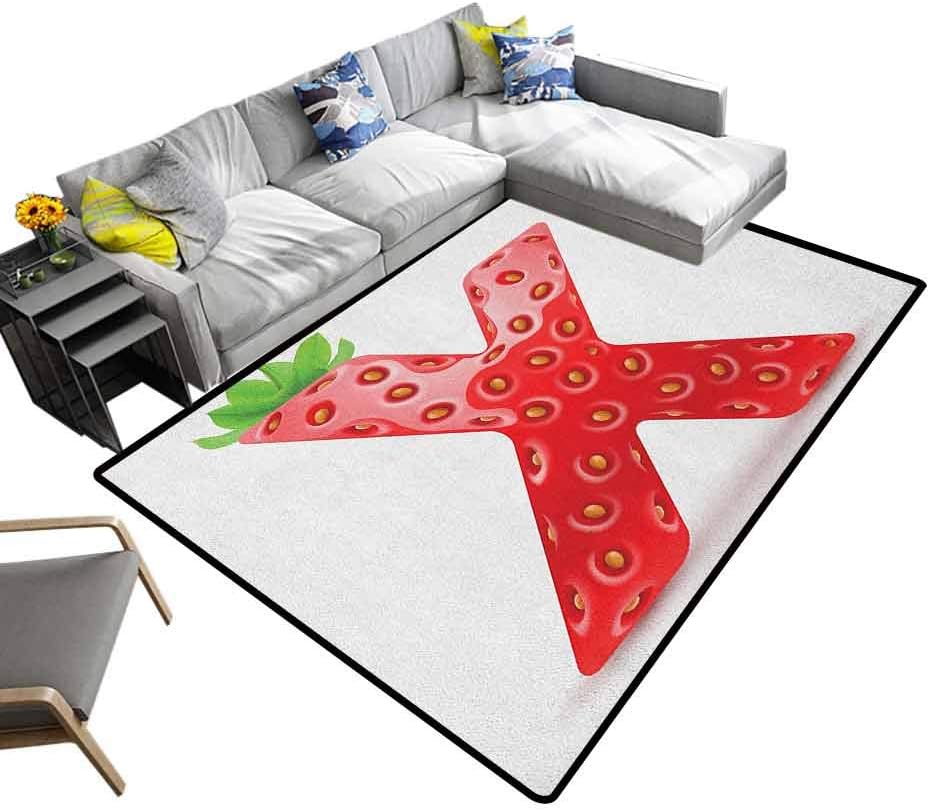 Letter X Rugs Vegetarian Typography with Tropical Fruits Healthy Ripe and Sweet Office Floor Mats for Carpet Vermilion Green Orange (4'7"x5'2")