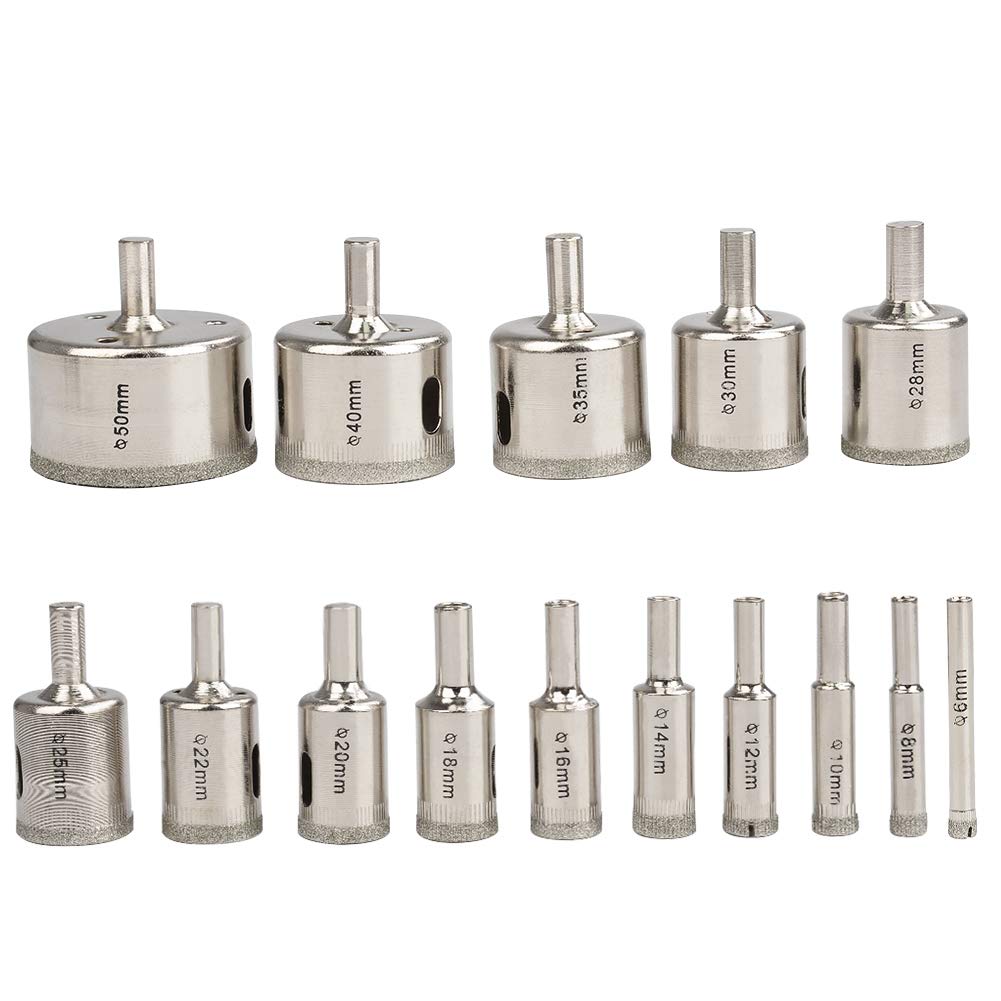 15 PCS Glass Drill Bit Set,6mm - 50mm Tile Glass Diamond Drill Bit Set,Hole Saw Drill Set Tile Drill Hollow Drill Bit Tools,
