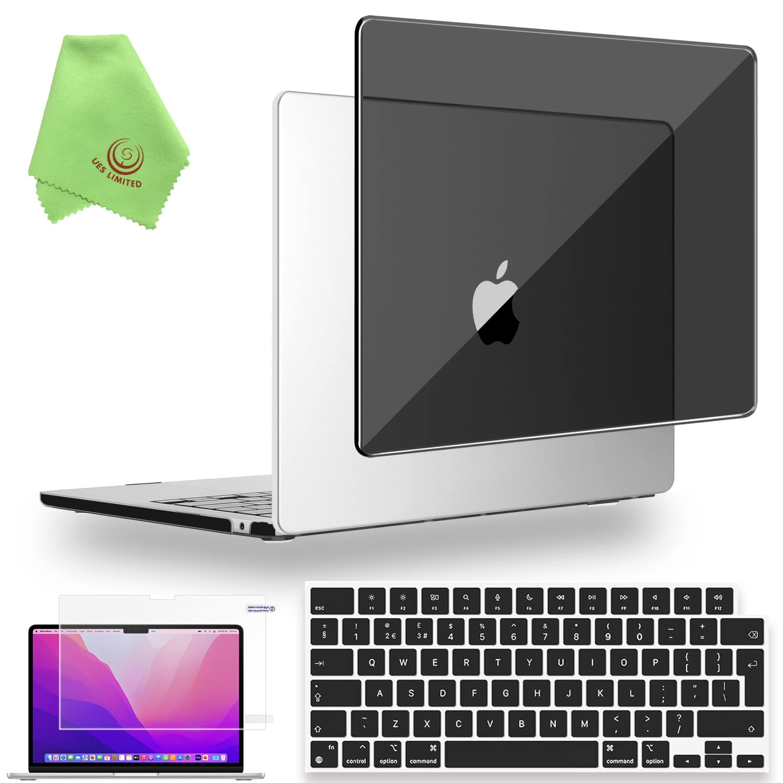UESWILL 4in1 for MacBook Air 13 inch M2 M3 M4 M5, 2022-2026 Release, Models A3449 A3240 A3113 A2681, Glossy Crystal Hard Shell Case + Keyboard Cover + Screen Protector + Microfiber Cloth, Black