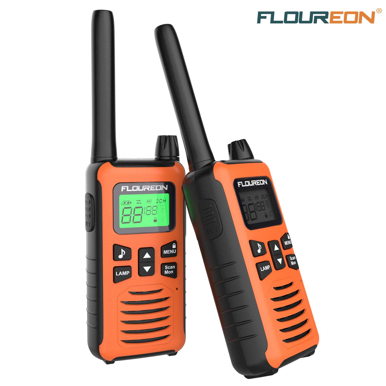 FLOUREON 16 CH Twin Walkie Talkies Interphone 2 Way Radio Rechargable with LCD Display Up to up to 5KM for Field Survival Biking Hiking Orange