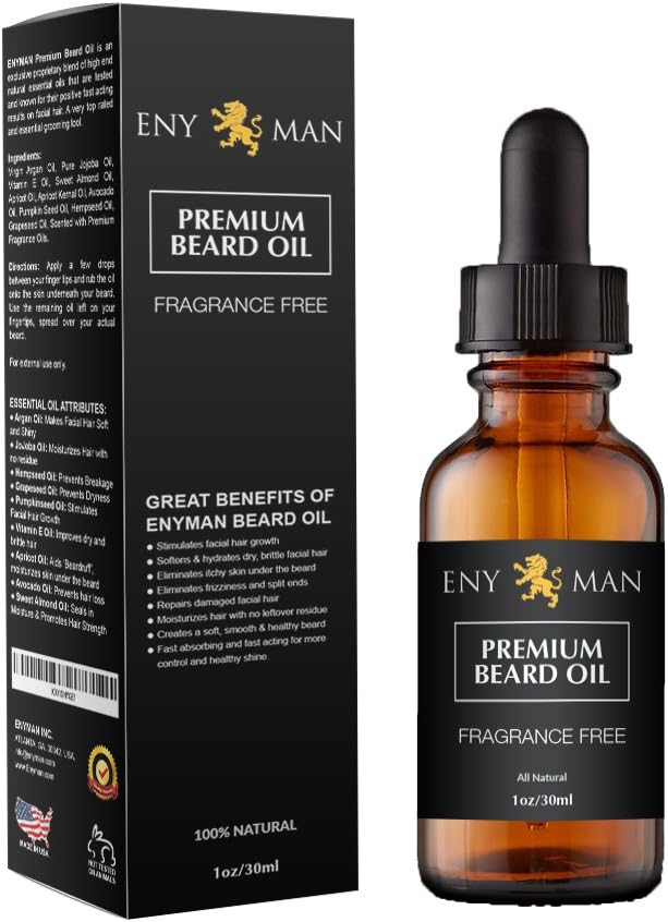 Beard Oil & Leave In Conditioner, 100% Pure Natural for Groomed Beards, Mustaches, and Moisturized Skin 1 oz Fragrance Free by ENYMAN