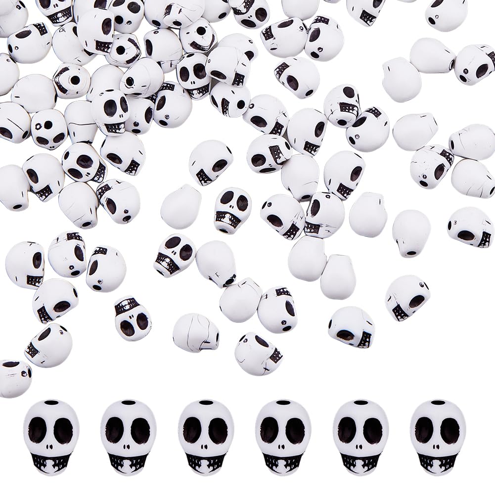 DICOSMETIC 250Pcs Skull Bead Acrylic Head Skeleton Beads Carved Skull Spacer Beads Halloween Loose Beads Large Hole White Beads for Necklace Bracelet Earring Jewelry Making, Hole: 2mm