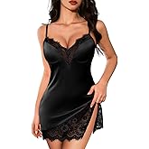 Kolagri Womens Sexy Satin Nightgown Spaghetti Strap Lace V Neck Lingerie Dress Slip Babydoll Chemise Sleep Wear
