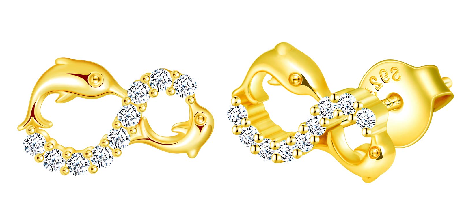 INFINIONLY Women's Earrings Studs, 925 sterling silver Jewellery Sets, Cute dolphin infinity symbol earrings, gold, Inlaid zircon, Christmas and Birthday gift — image 1