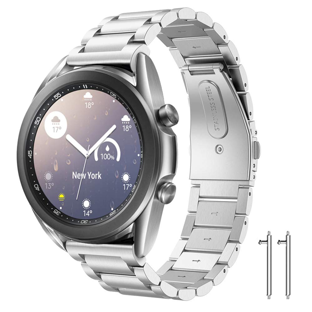 Diruite for Samsung Galaxy Watch 3 45mm Strap,22mm Plating Solid Stainless Steel Bracelet Adjustable Straps Replacement Wrist for Samsung Galaxy Watch 3 Bands - Silver