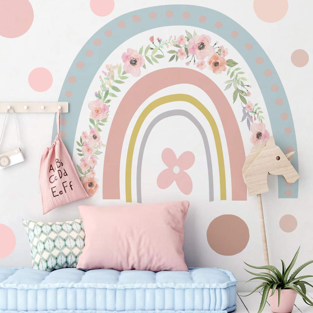 Alwayspon Kids/Girls Room Cute Flower Rainbow Wall Sticker, Removable Watercolor Wall Decals, Peel and Stick Wall Art Murals for Home Nursery Decoration Living Room Decor