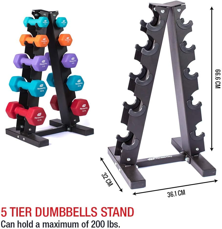 Fitness Alley Steel Dumbbell Rack - 5 Tier Weight Holder & 5 Tier Weight Rack Dumbbell Stand - Dumbbell Holder - Dumbbell Rack Stand (5 Tier Rack & 3, 5, 8, 10, 12 lbs Dumbbells) : Sports & Outdoors