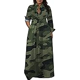 Baczoe Plus Size Camo Maxi Dress for Women Stretchy V Neck Button Belt A-Line African Outfits with Pockets S-5XL