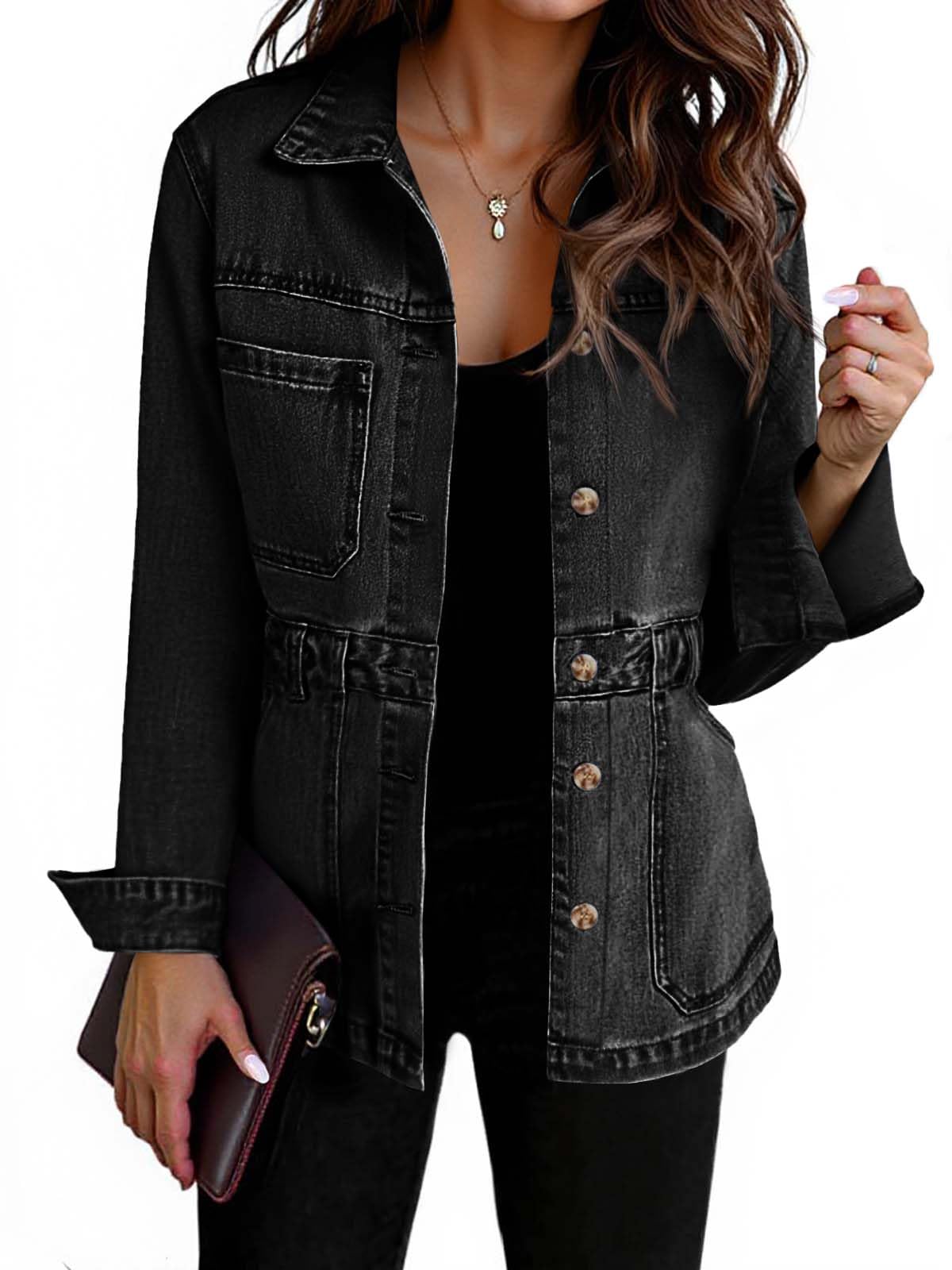 Photo 1 of Tankaneo Denim Jacket for Women Distressed Jean Jacket Button Down Oversized Shacket with Pockets 2025