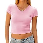 Mousnipy Women's Basic V Neck Short Sleeve T Shirts Summer Cute Baby Tee Slim Fit Cotton Tops