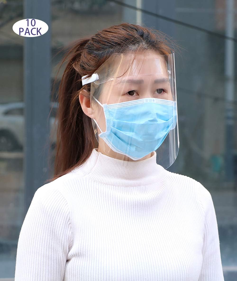 Conveasy Reusable Safety Face Shield, 10 Pack Elastic Transparent Full Face Protective Visor with Eye & Head Protection, Anti-Spitting Splash Facial Cover for Women Men & Kids