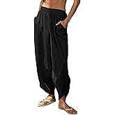Peaceglad Cotton Linen Harem Pants with Pockets Palazzo Pants for Women Causal Cropped Wide Leg Trousers