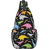SURERUIM Cute Cartoon Dinosaur Sling Bag for Women Men Seamless Colorful Dinosaurs Pattern on Black Background Crossbody Chest Shoulder Bag Cartoon Dinosaur Backpack Casual Gym Travel Hiking Daypack