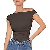 OMKAGI Women One Off Shoulder Y2K Tops Double Lined Slim Fit T Shirts Basic Tees