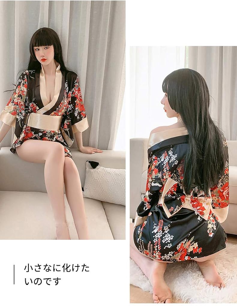 Women's Traditional Japanese Kimono Style Robe Yukata Costumes Pajamas Sexy Cosplay - black - Large, 7972-black - Image 3