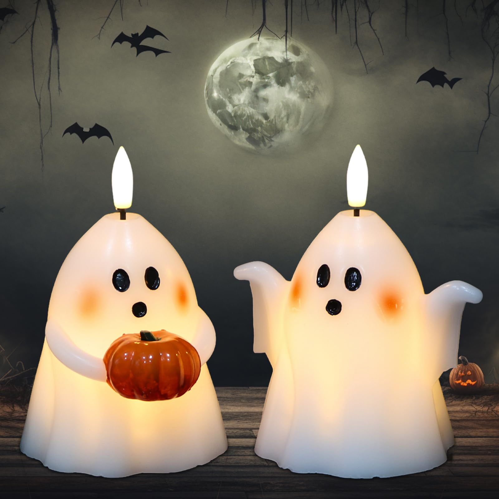Photo 1 of DRomance Halloween Ghost Flameless Candles with Timer Real Wax Battery Operated White LED Flickering Pillar Candles Hand Painted Looking Dinner Spooky Halloween Decor(2 Pack, 3.5" D x 5" H)