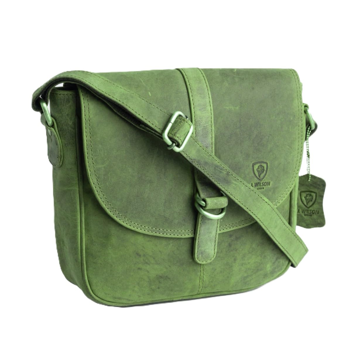 J. Wilson London J WILSON London - Designer 100% Pure Genuine Real Distressed Vintage Hunter Leather Handmade Unisex Crossover Shoulder Messenger Briefcase Bag (Distressed Green)