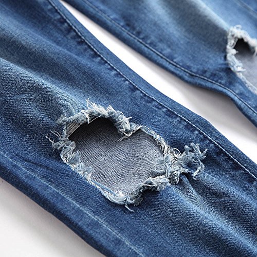 Edenun Mens Jeans Ripped Destroyed Stretchy Knee Holes Slim Tapered Leg Long Pants Streetwear Younger-Looking Trousers Deep Blue - Thumbnail 4